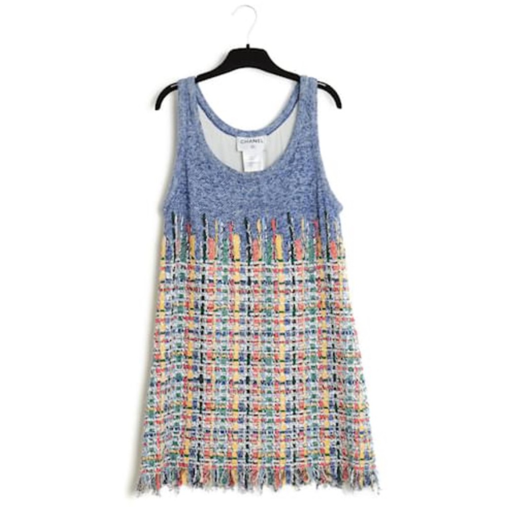 CHANEL Blue Bodice Multicolor Tweed Fringe Tank Dress